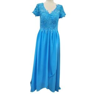 Blue Chiffon Lace Detail Maxi Dress Bridesmaid Wedding Guest Dress Size‎ 8 NEW